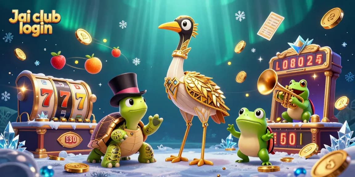 Engage in thrilling gameplay with Jai club login, featuring a 3D crane, turtle, and frog amidst vibrant casino elements.