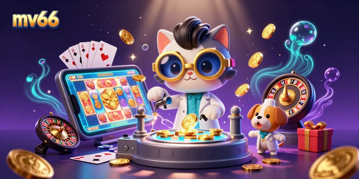 Immerse in the excitement of mv66 with a dynamic scene depicting a mad scientist cat creating gold coins in a vibrant casino world.