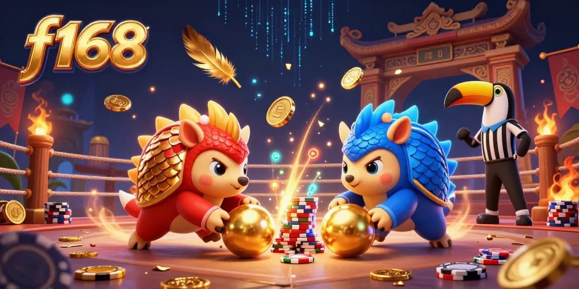 Engaging illustration depicting f168 theme with pangolins bowling through poker chips amidst a vibrant casino atmosphere.