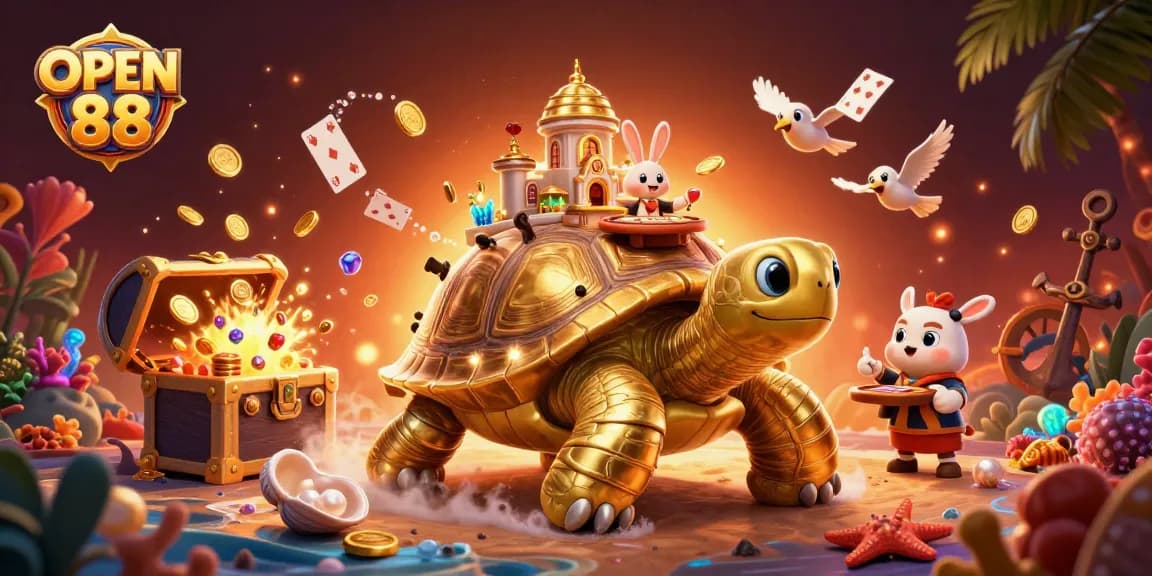 Experience the excitement of OPEN 88 with a lively 3D casino scene featuring a golden tortoise and more!