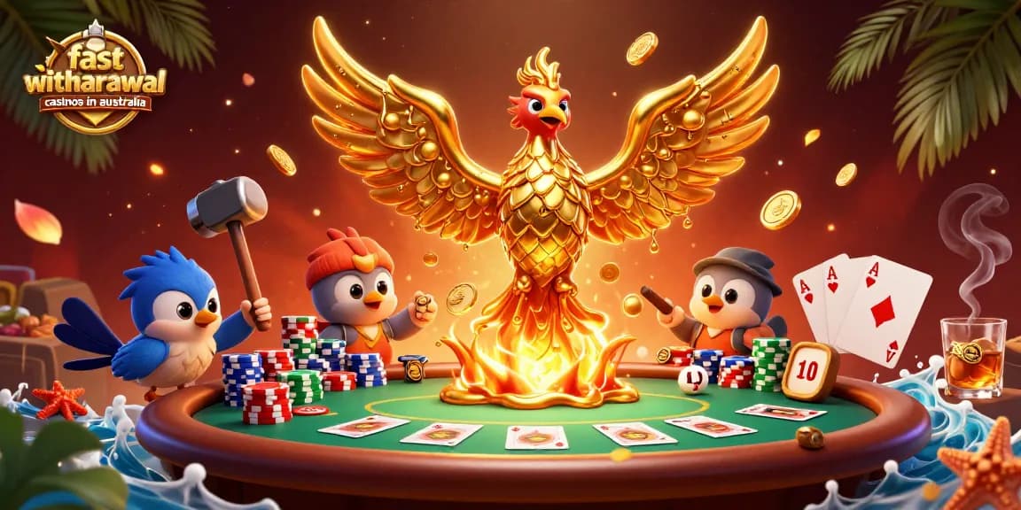 Experience fast withdrawal casinos in Australia with a golden phoenix, poker elements, and vibrant details.