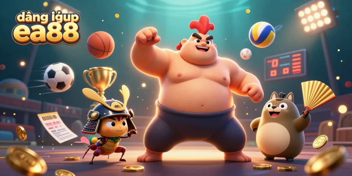 Experience thrilling gameplay with đăng nhập ea88 as a powerful sumo wrestler rooster, a brave cricket, and an announcer shine in a dynamic casino scene.