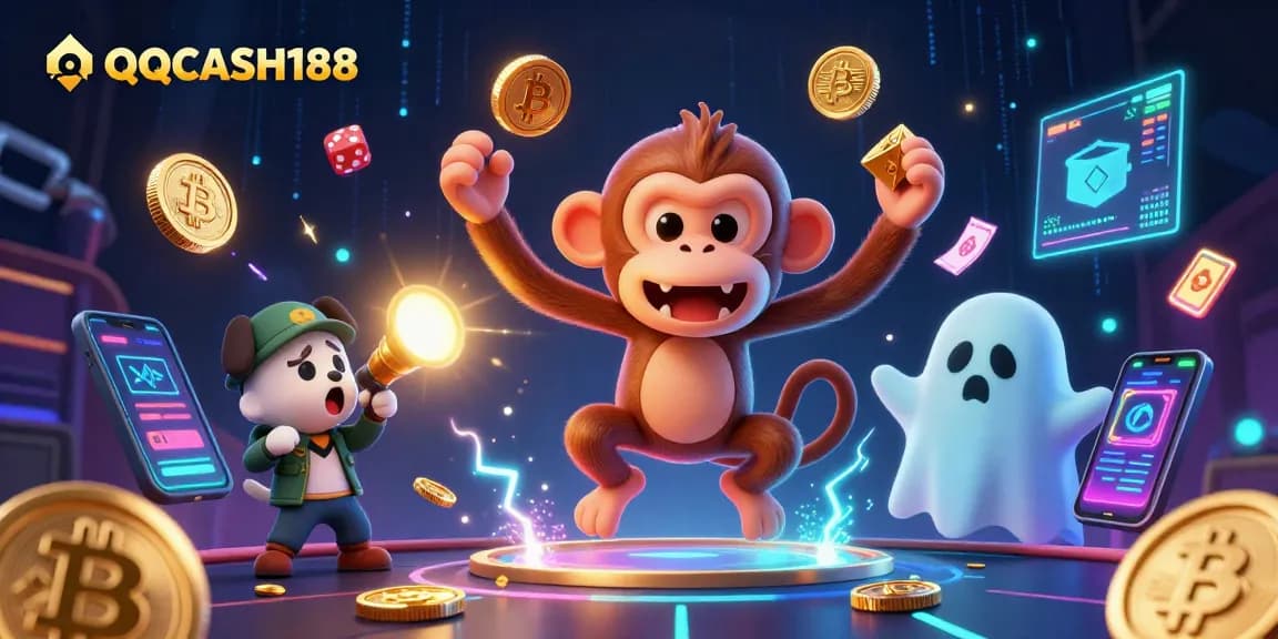 Engage with QQCASH188's captivating 3D casino scene featuring a playful ghost and crypto-themed elements.