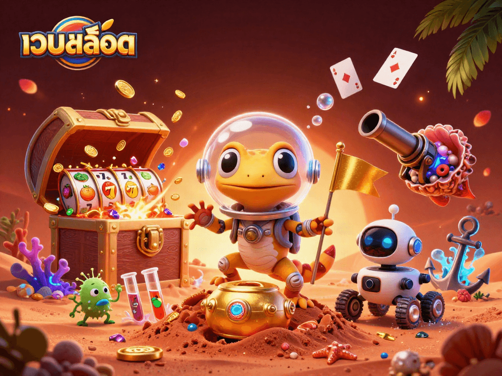 Experience เว็บสล็อต action with a Martian gecko and treasure-filled casino in a magical scene.