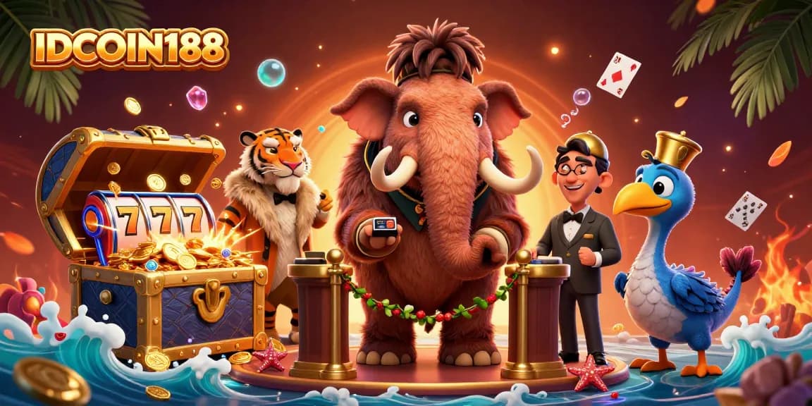 IDCOIN188 showcases a vibrant casino scene with cartoon characters enjoying gameplay.