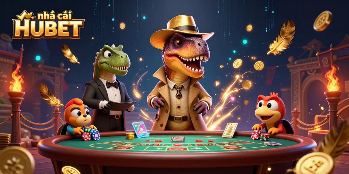 house the excitement of betting at nhà cái HUBET with cartoon dinosaurs at an action-packed casino scene
