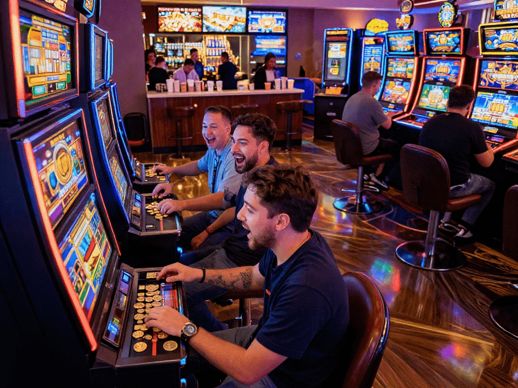 Exciting slot machine scene in a lively casino with players engaged.