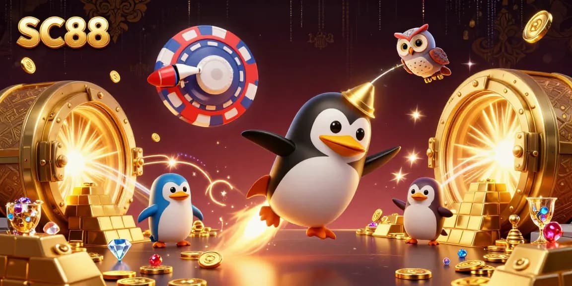 Experience thrilling SC88 action as the golden penguin rockets towards bounty in an exciting casino space adventure.