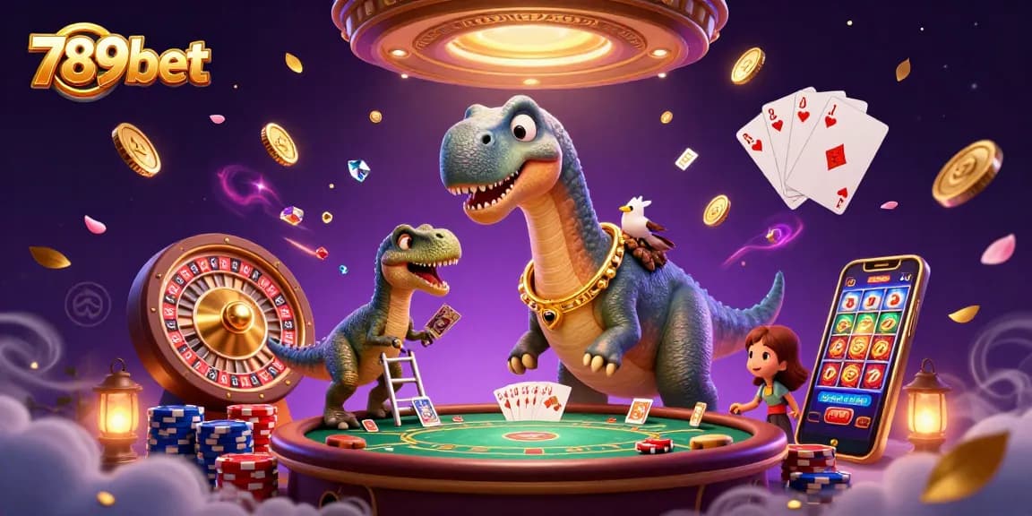 Engage with 789bet's fun atmosphere showcasing a playful casino scene featuring vibrant dinosaurs and cards.