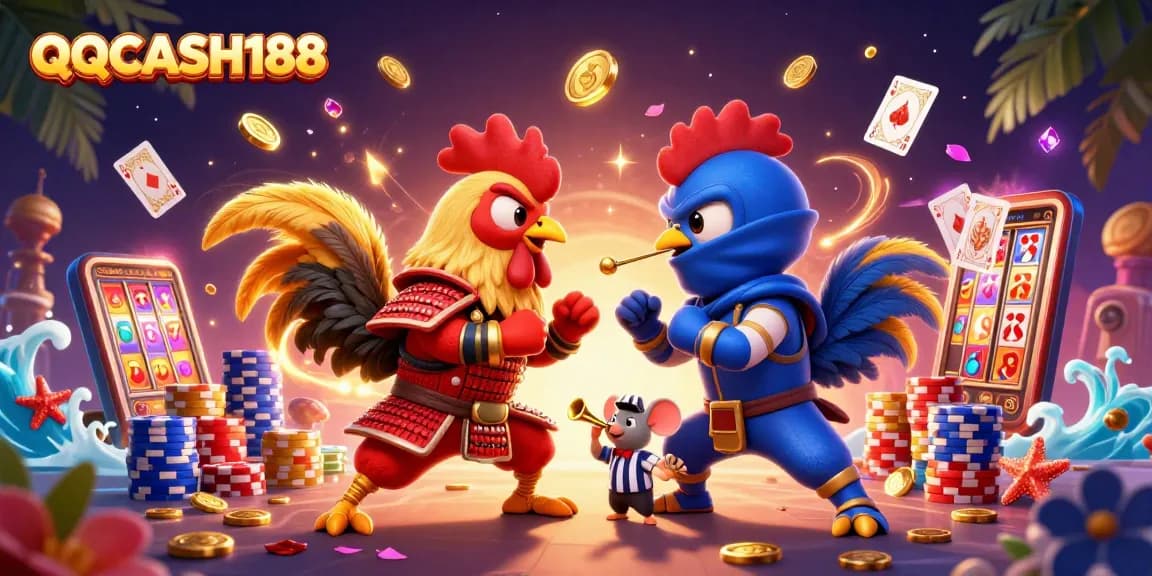 Experience thrilling action with QQCASH188 as fighting roosters clash amidst golden rewards and casino excitement.