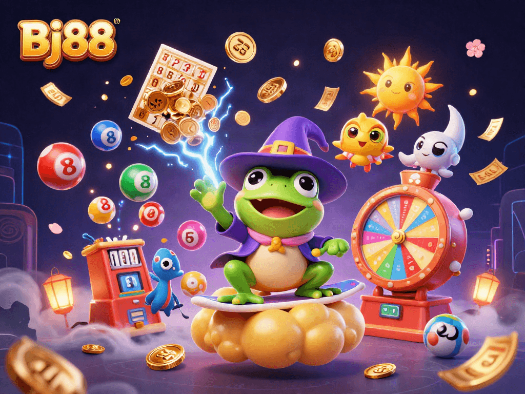 Bj88 players enjoy the dynamic excitement of lottery games featuring vibrant characters and elements.