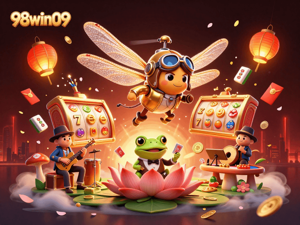 Experience thrilling slots and jackpots at 98win09 with a vibrant 3D casino scene.