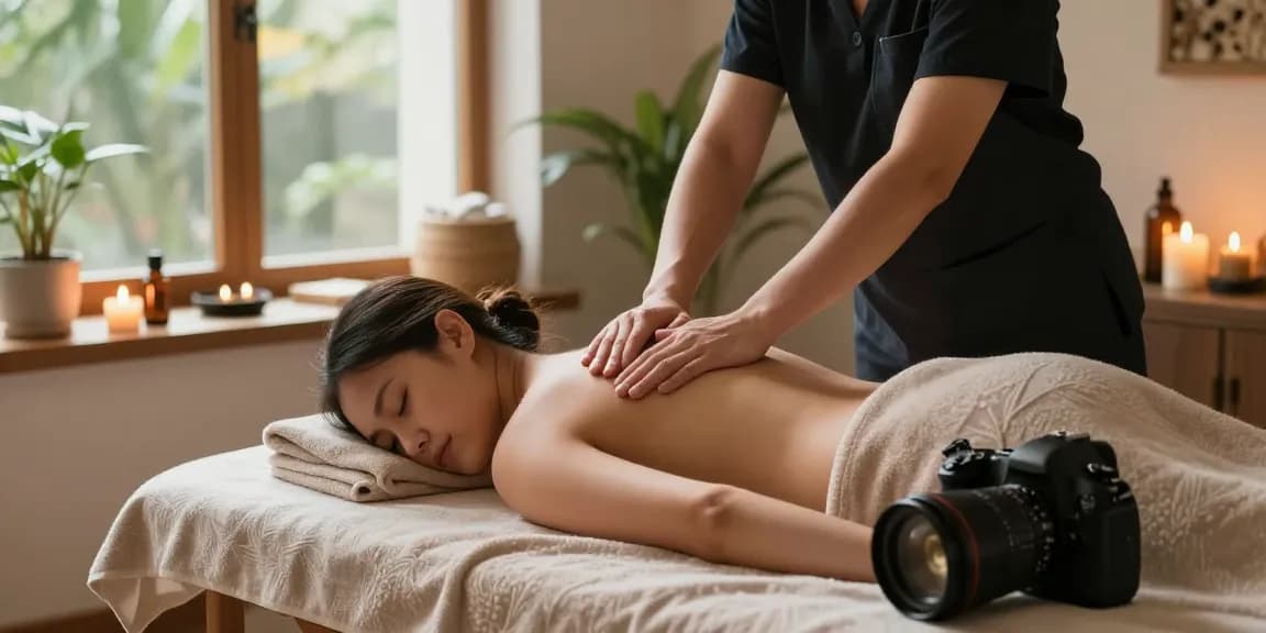 마사지 중인 편안한 스웨디시 마사지 장면, 아로마 캔들과 함께 조용한 스파.