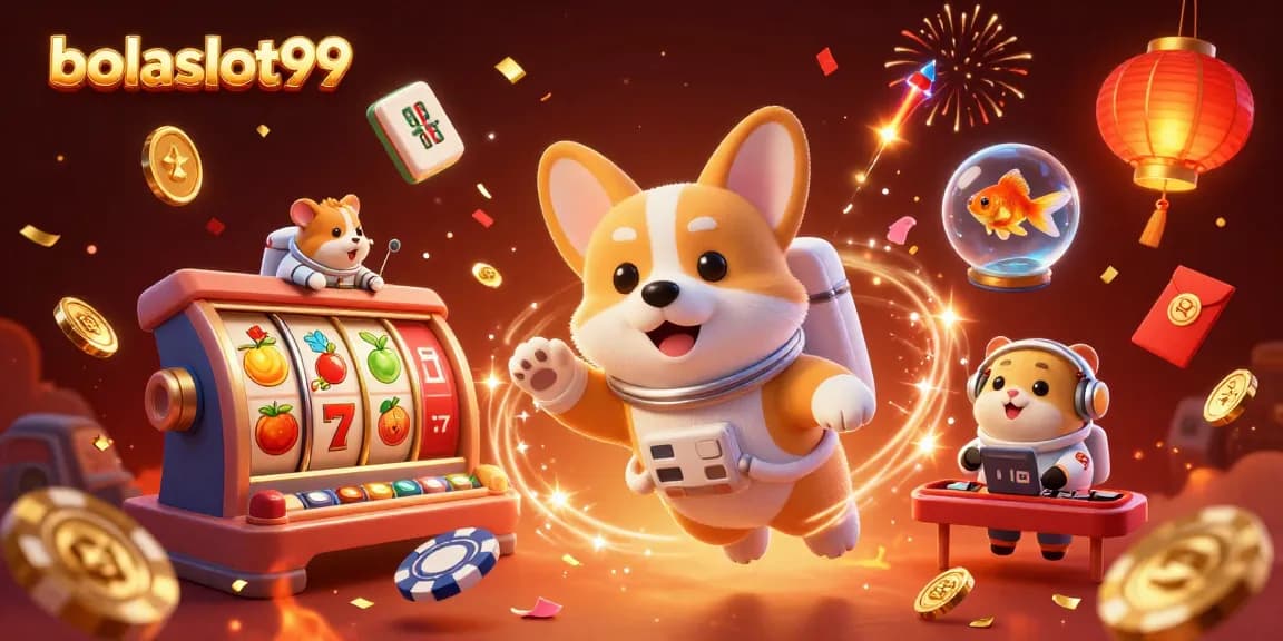 Bolaslot99 enhances gaming excitement with cartoon astronauts, slot reels, and festive casino elements.