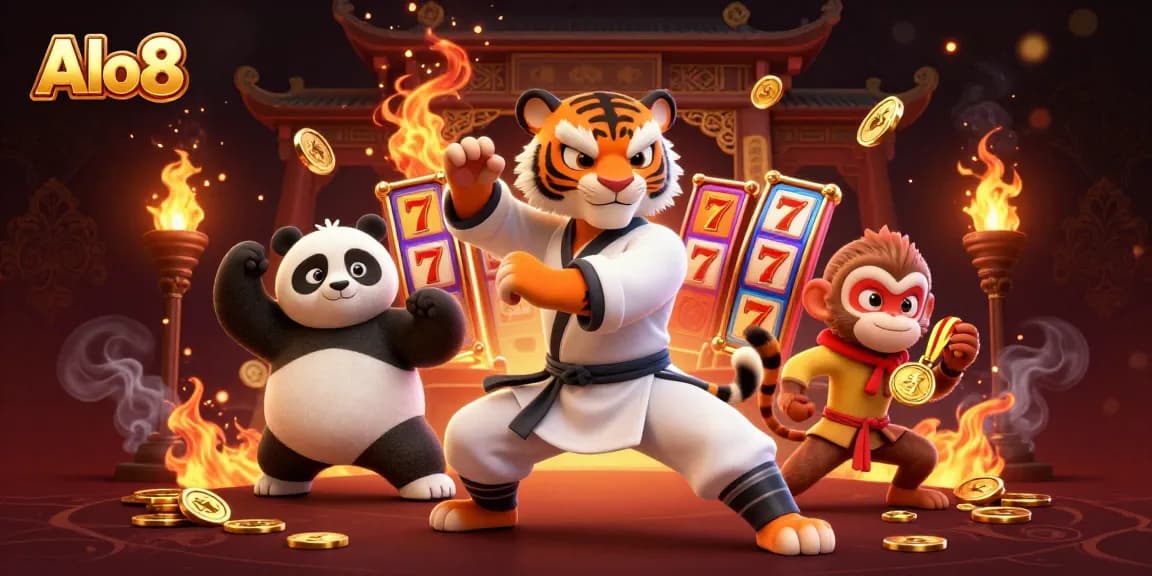 Alo8 engages players in an immersive casino experience with a kung fu tiger master and panda disciple amidst vibrant slot game features.