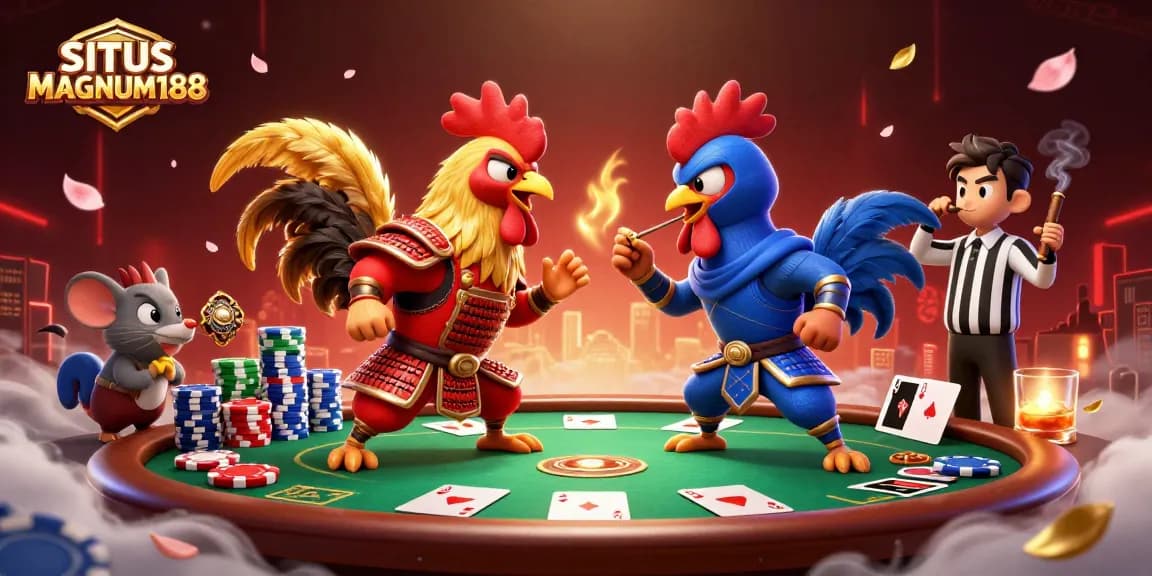 SITUS MAGNUM188 showcases a dramatic standoff between cartoon fighting roosters in a densely packed casino scene.