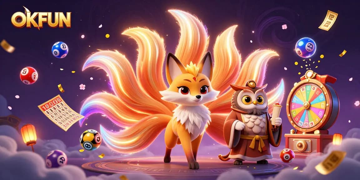 Engage in exciting games and events at OKFUN, featuring vibrant lottery elements, a nine-tailed fox, and a wise owl.