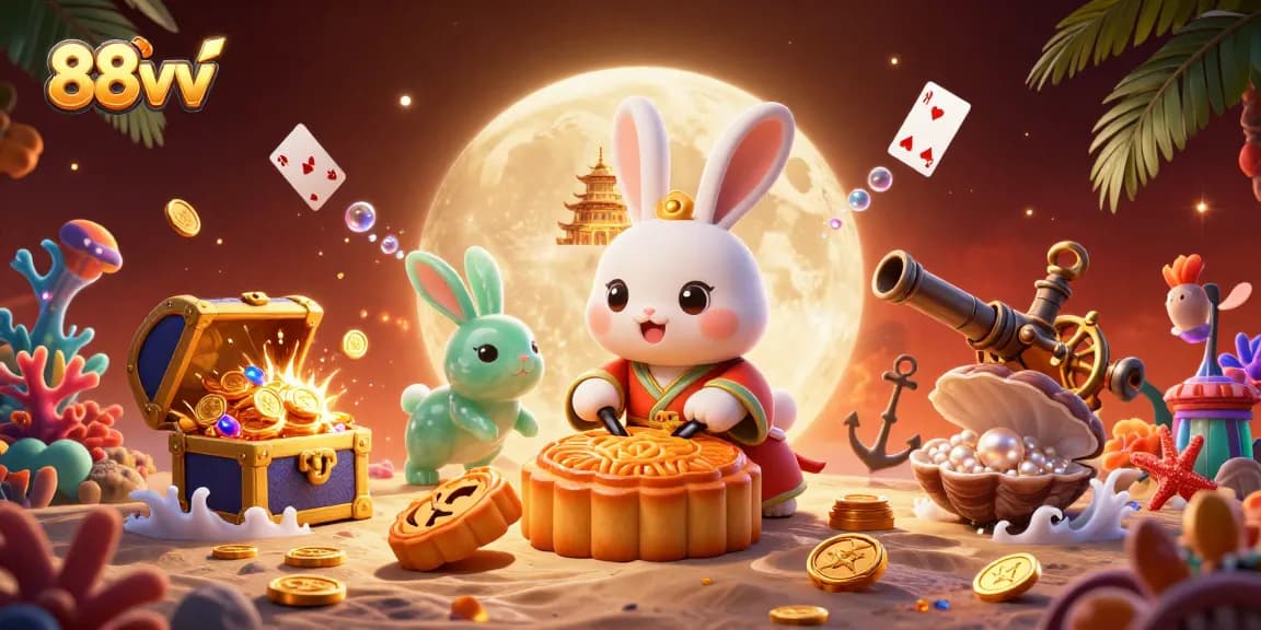 Experience the thrill of 88vv with a vibrant illustration featuring a moon rabbit, poker chips, and dynamic casino elements.
