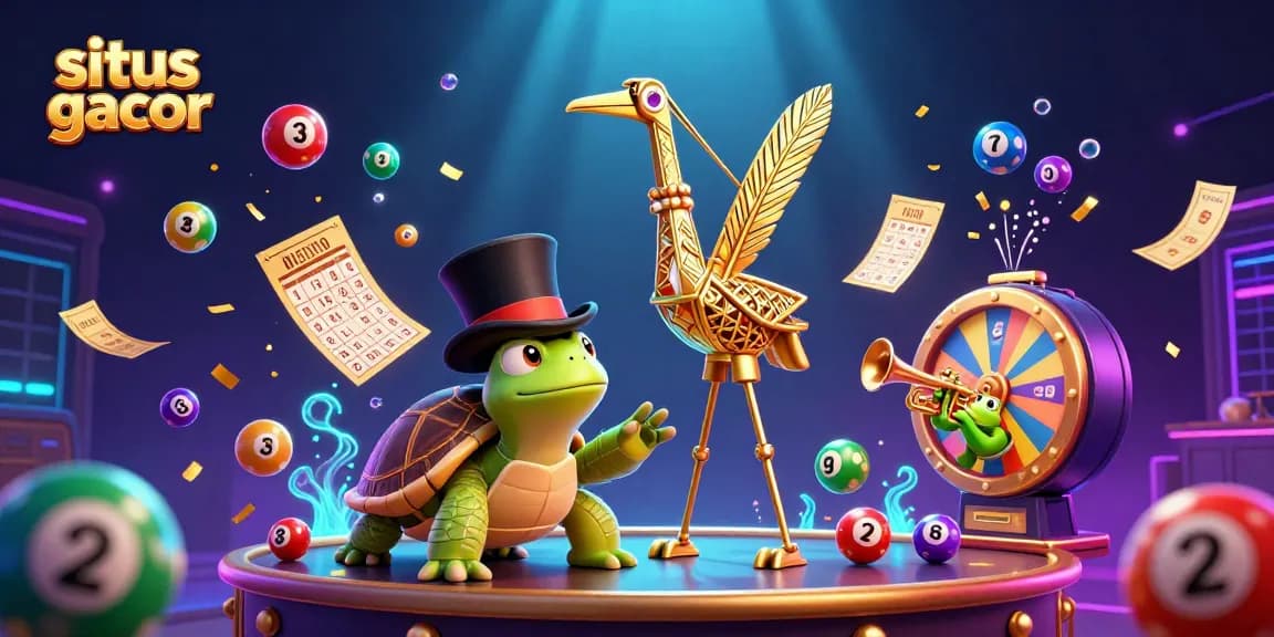 Situs gacor captures dynamic gambling fun with rich elements including vibrant lottery balls and a whimsical 3D scene.