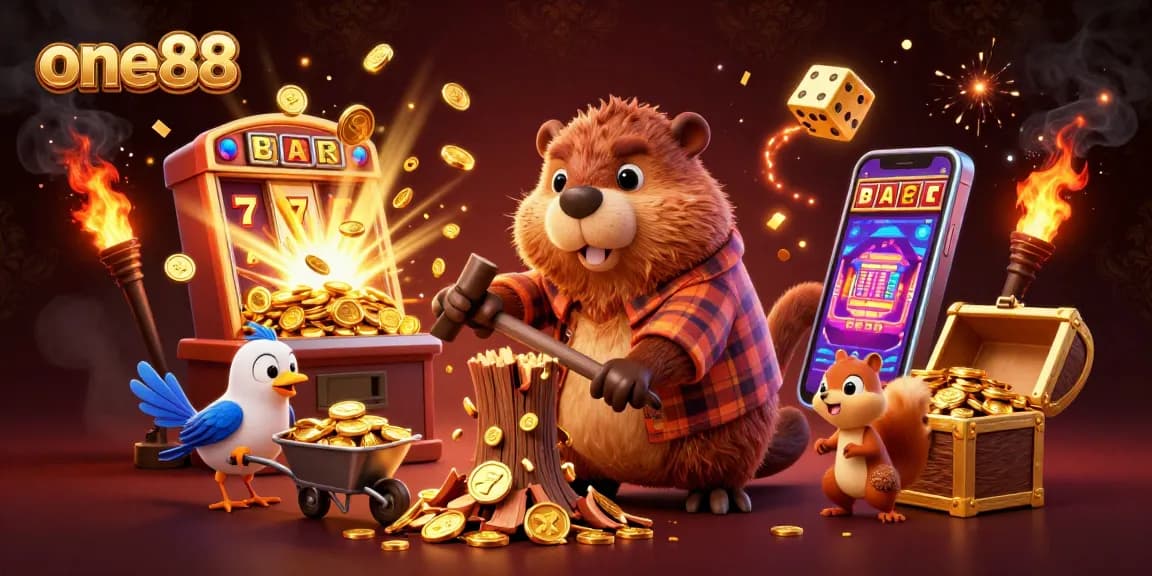 Spin the reels at one88 with golden coins cascading in a lively casino scene.