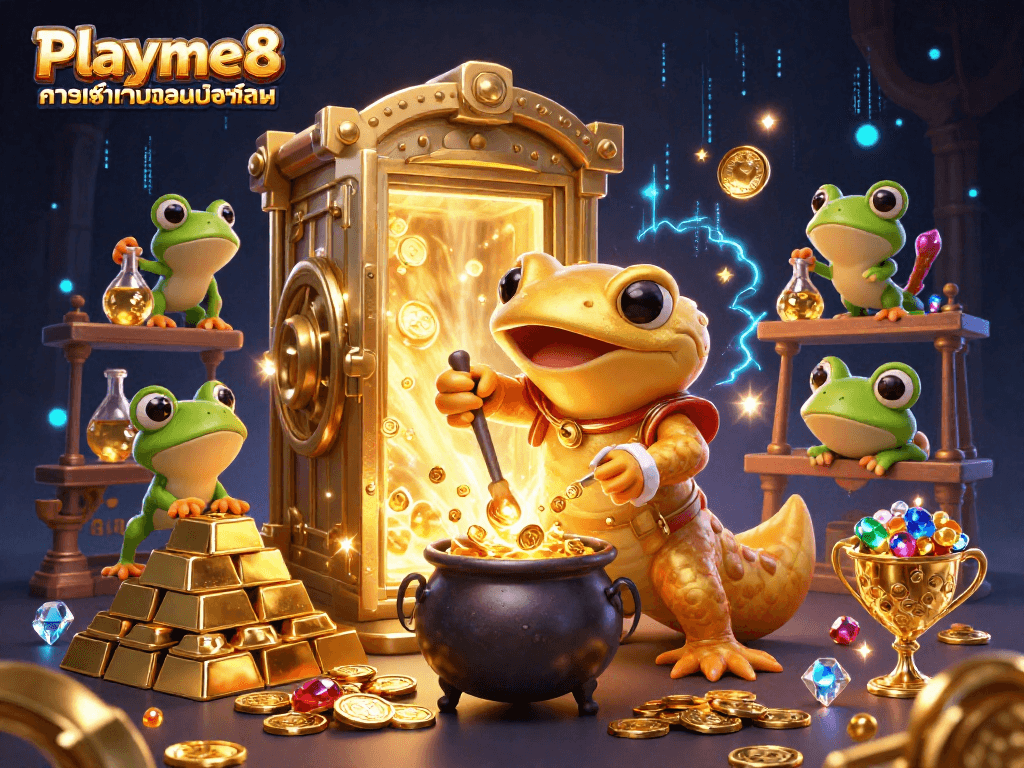 ภาพการ์ตูน 3D ของ Playme8 ทางเข้าเว็บตรงมือถือ โดยมีตัวละครต่าง ๆ ท่ามกลางขุมทรัพย์และแสงสว่างเต็มไปหมด