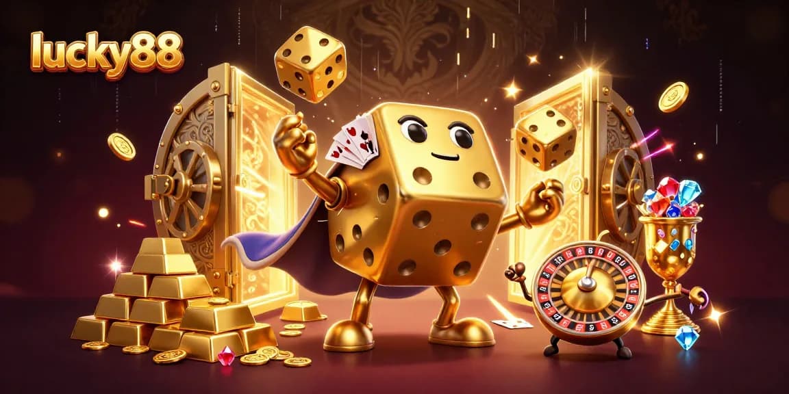 Experience the excitement of lucky88 with a vibrant 3D casino scene featuring a golden dice golem and treasure galore.