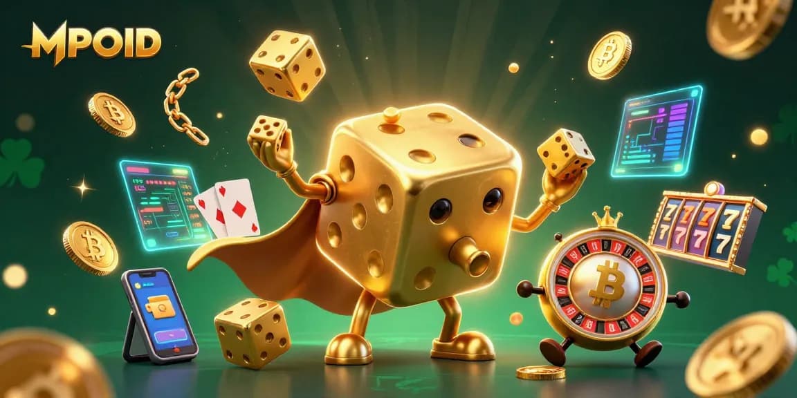 Engage with the MPOID casino scene where a golden dice golem juggles wins and crypto coins thrive.