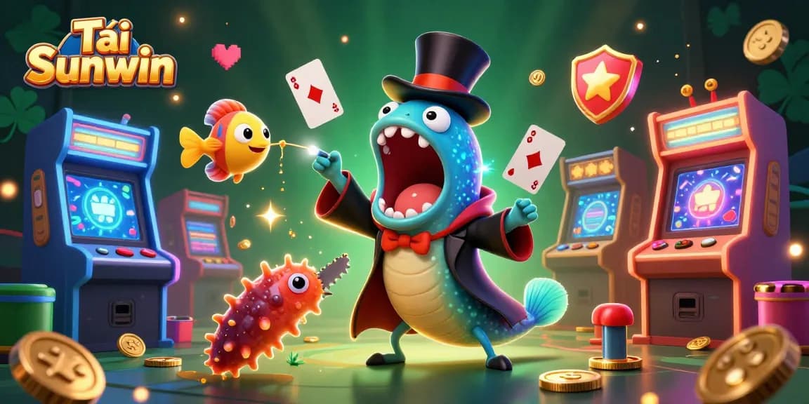 Tải Sunwin offers a vibrant casino experience with cartoon characters performing magic tricks amidst arcade game elements.
