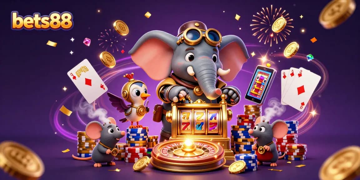 Bets88 players experience ultimate excitement with an elephant engineer operating a golden slot machine surrounded by vibrant game elements.