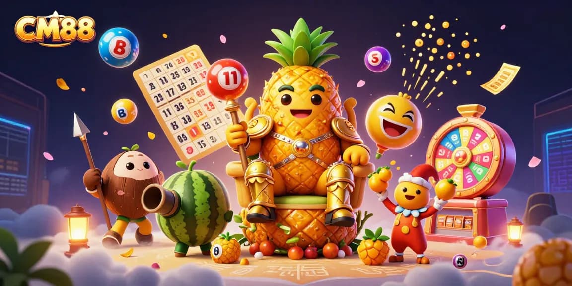 Experience the vibrant casino world of CM88 with our golden pineapple king and playful elements.