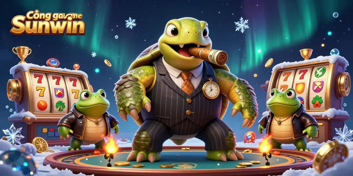 Cổng game Sunwin showcases an exciting scene with a snapping turtle, bullfrog enforcers, and dynamic slot elements in casino ambiance.