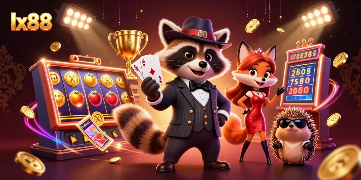 Experience the excitement of lx88 with raccoon, fox, and hedgehog at a vibrant casino scene.