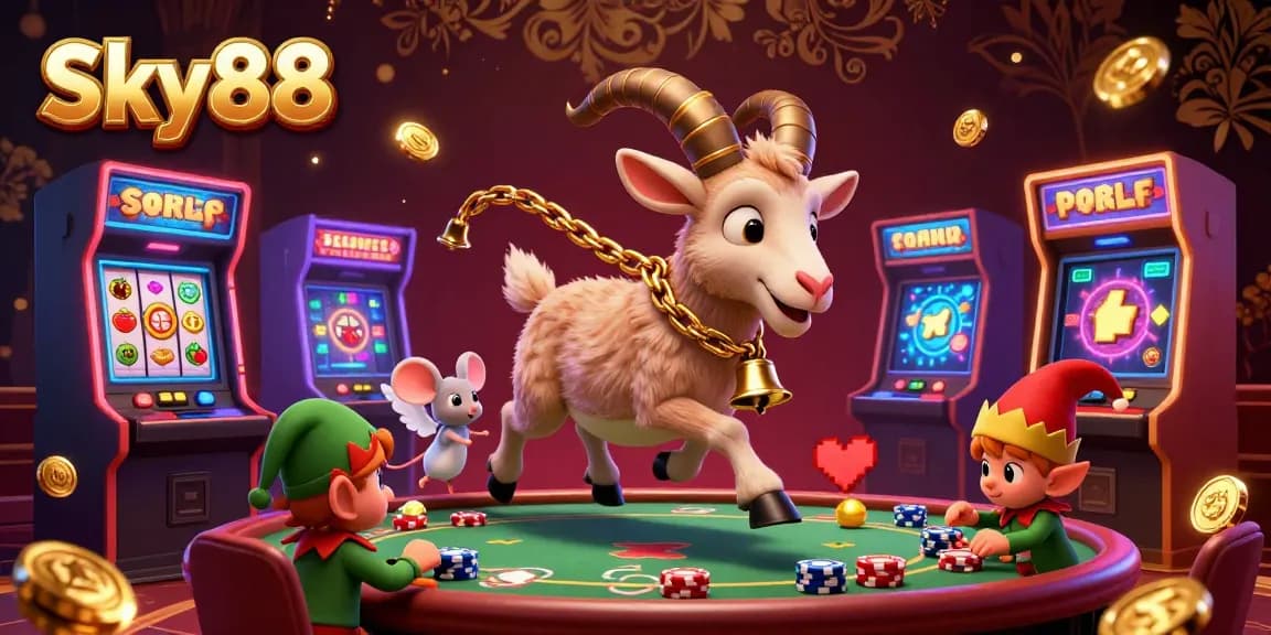 Experience the thrill of winnings at Sky88 with a vibrant and festive casino scene featuring creative characters and games.