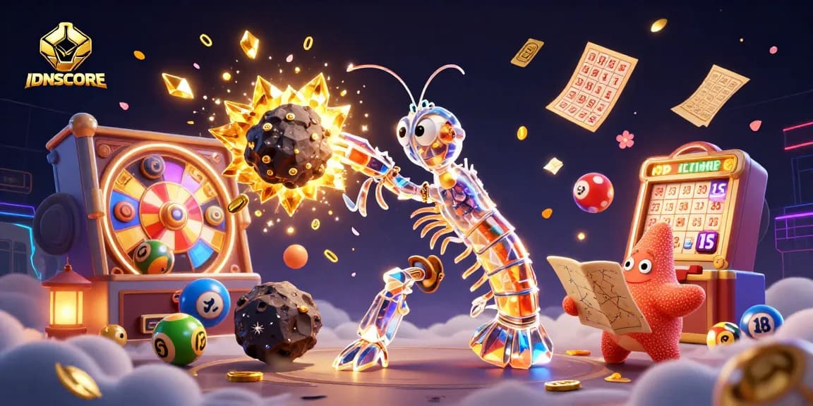 Engage in immersive gaming with IDNSCORE, featuring slot reels and exploding golden gems.