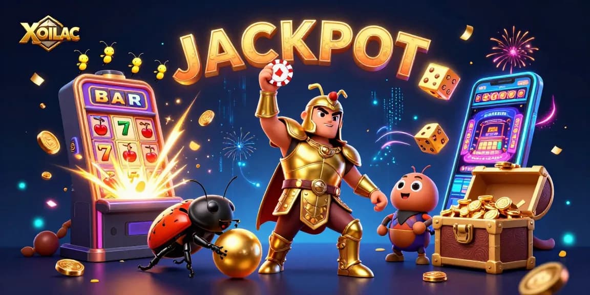Experience the excitement of XOILAC with a victorious beetle celebrating a big win surrounded by casino elements.