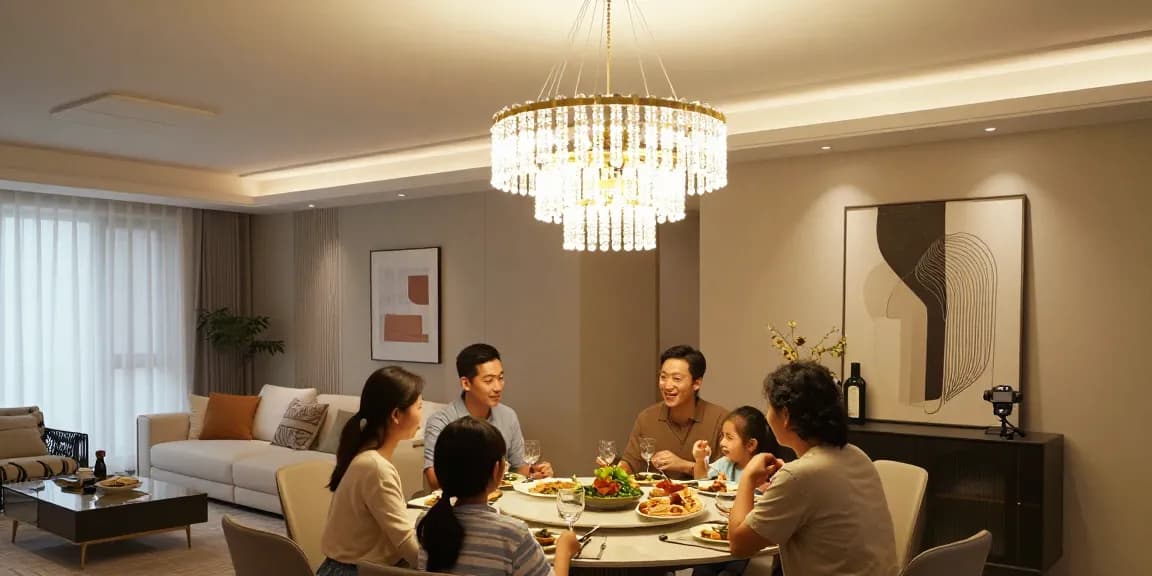 Candelabru elegant în living modern, oferind o atmosferă caldă și primitoare.