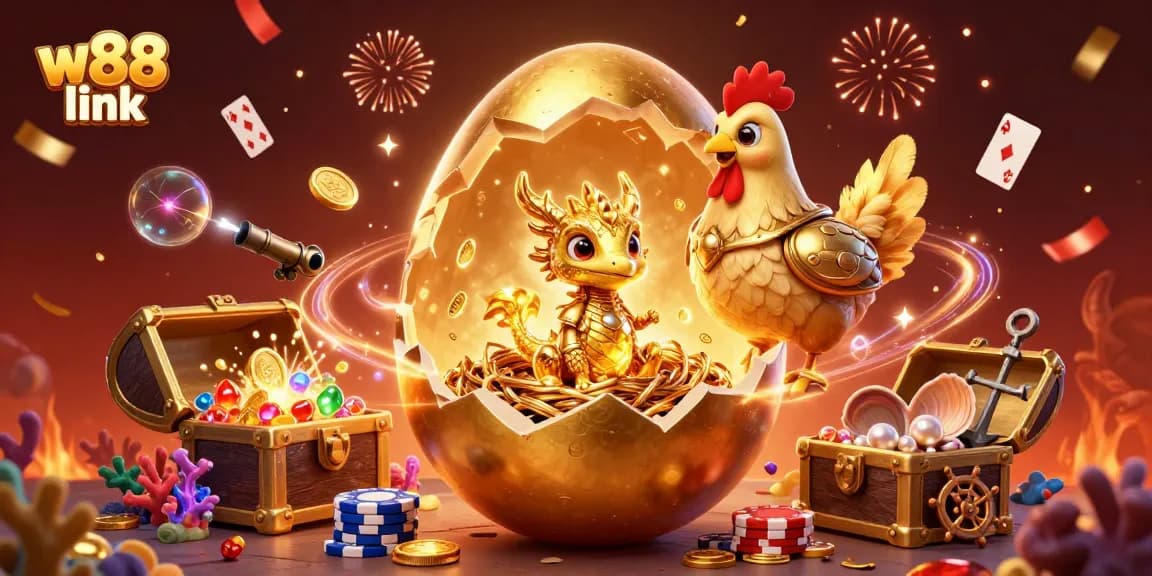Experience thrilling betting action with the vibrant w88 link illustration showcasing a golden egg and baby dragon among casino elements.