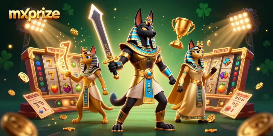 Experience winning with mxprize's immersive slot games featuring Anubis and Bastet in vibrant action.