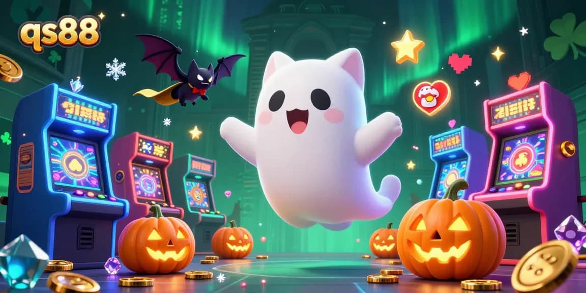 qs88 engaging players in a haunted casino, featuring a friendly ghost cat and glowing slot machines.