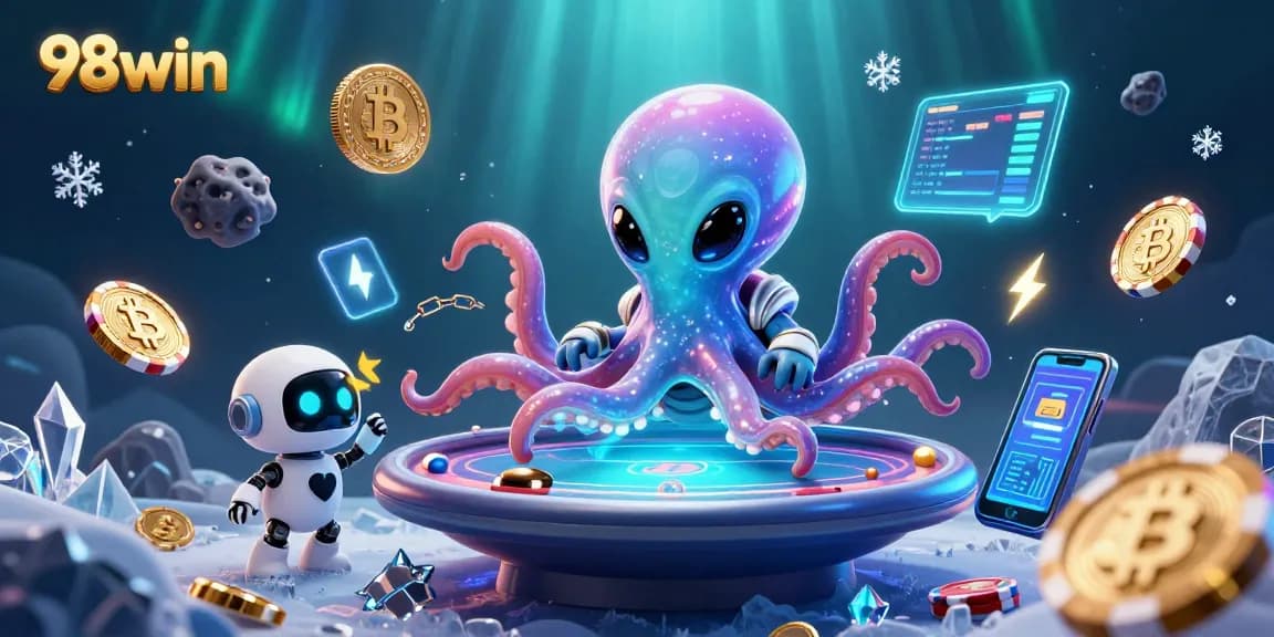 Engage in thrilling poker with 98win featuring a cosmic octopus at a holographic table.