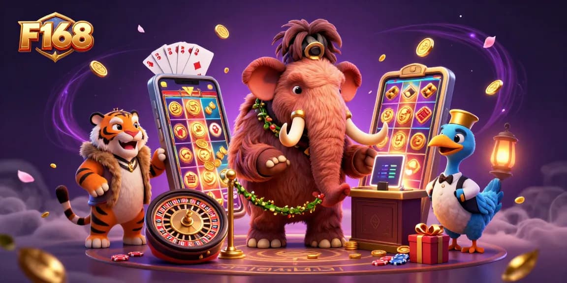 F168 casino scene with a mammoth bouncer, saber-tooth guest, and dodo doorman celebrating gaming excitement.