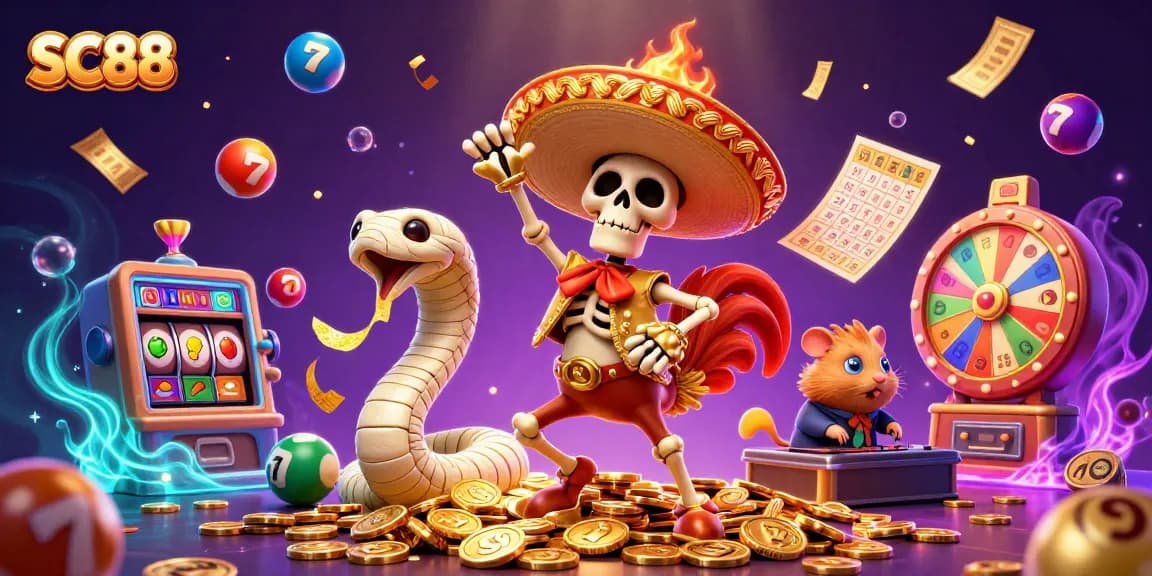Experience thrilling casino action with SC88, featuring dynamic characters amidst vibrant slot elements.