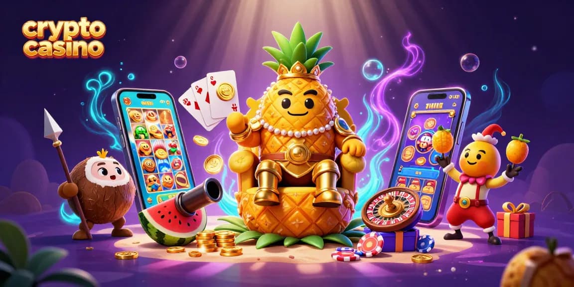 Jouez au crypto casino avec un roi ananas, des gardes en noix de coco et un bouffon jongleur dans une scène festive.