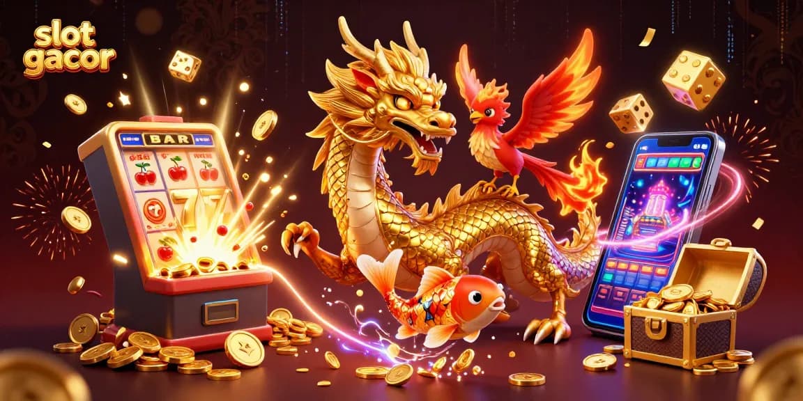 Slot gacor memainkan keberuntungan dengan karakter unik dalam ilustrasi kasino yang cerah.