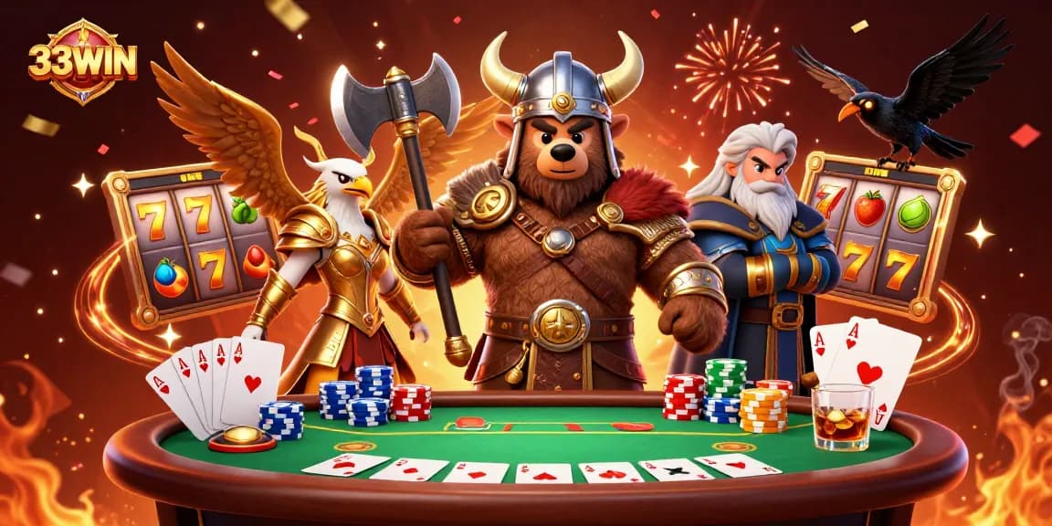 33WIN immerses players in a dynamic casino adventure with Viking characters and vibrant slot elements.