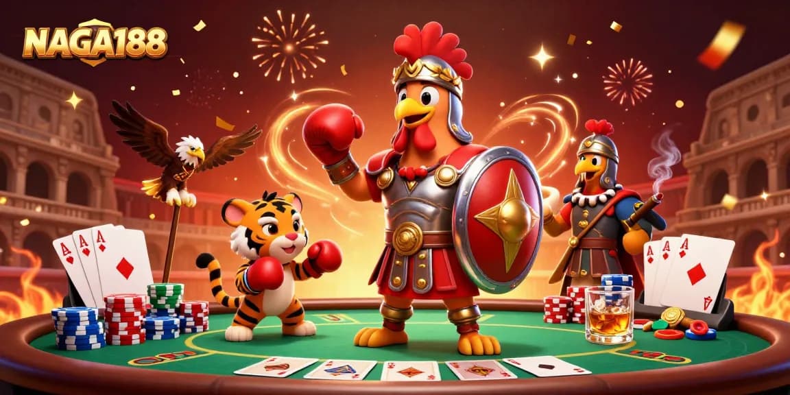 NAGA188 menampilkan ilustrasi kasino dengan ayam jantan bergaya gladiator, memperlihatkan keahlian poker dan suasana meriah.