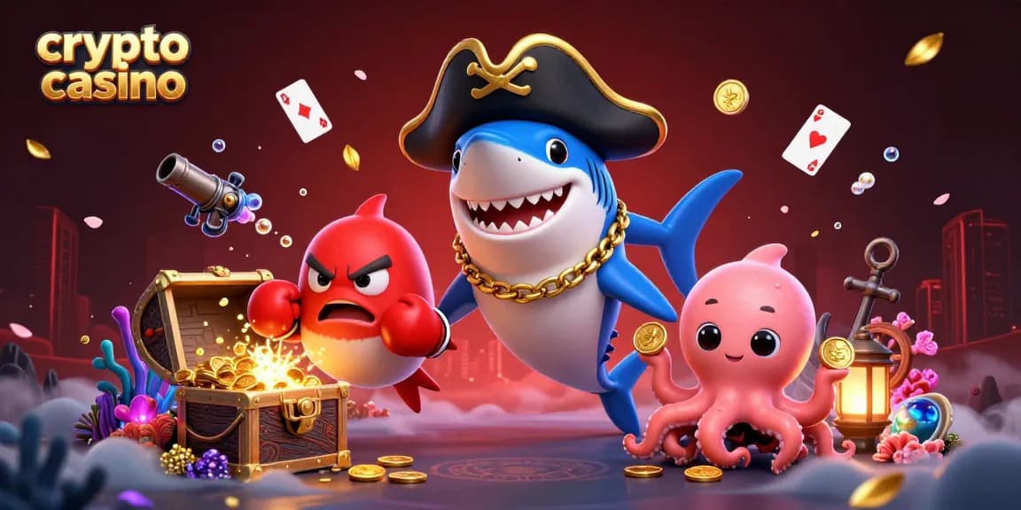 Jouer sur un crypto casino avec des personnages animés entourés de pièces d'or et de cartes flottantes.