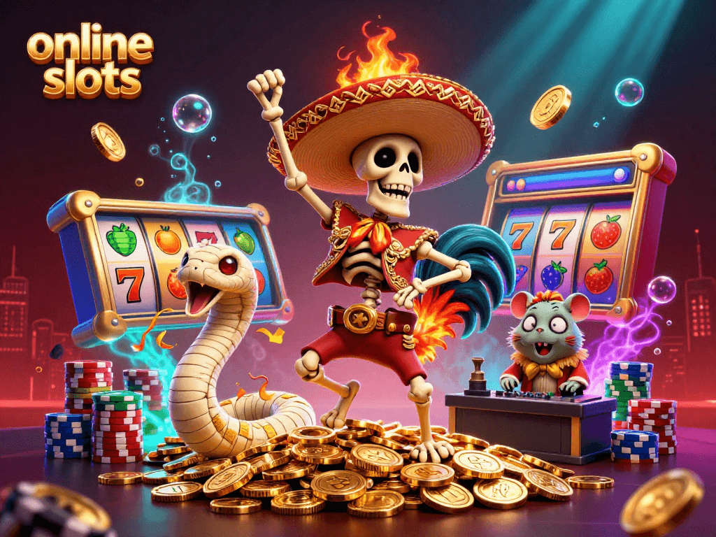Experience action-packed online slots with vibrant characters and dynamic casino elements in this colorful scene.