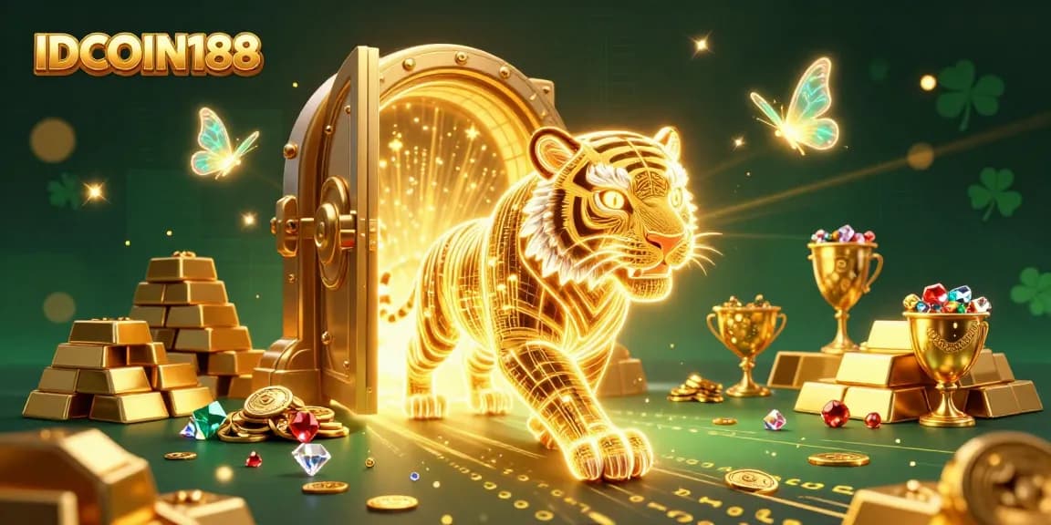 Engage in the vibrant world of IDCOIN188 with a golden tiger in a digital casino, surrounded by treasures and holographic butterflies.
