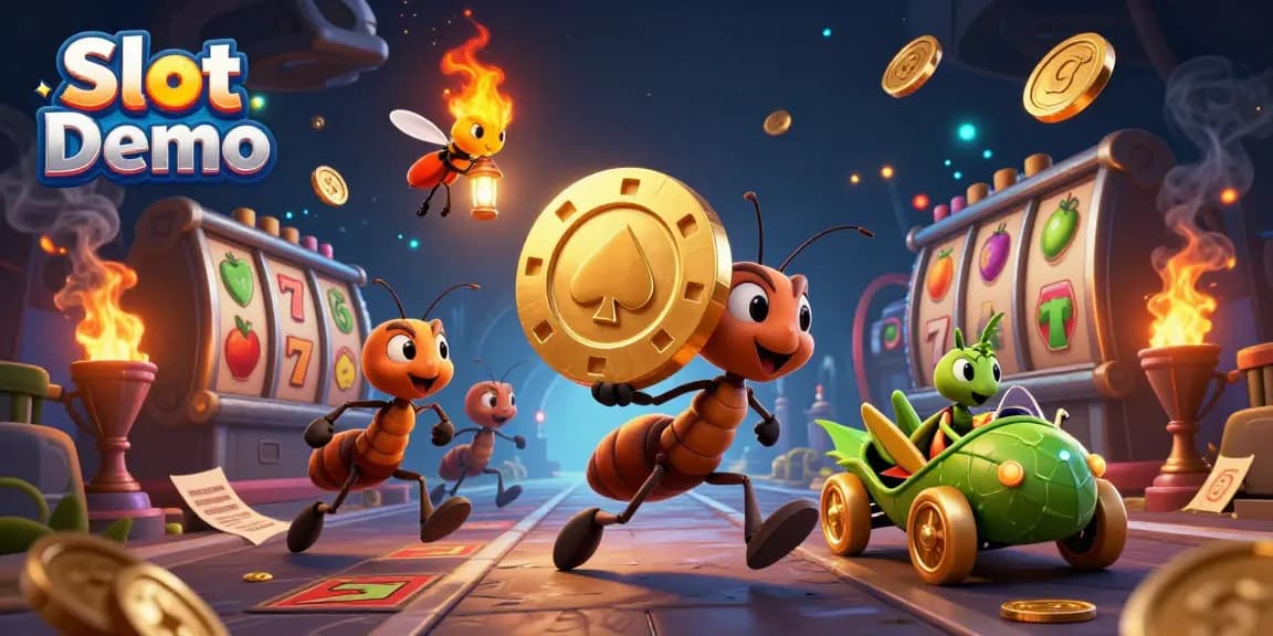 Experience the excitement of Slot Demo with vibrant cartoon ants carrying a giant chip amidst dynamic game elements.